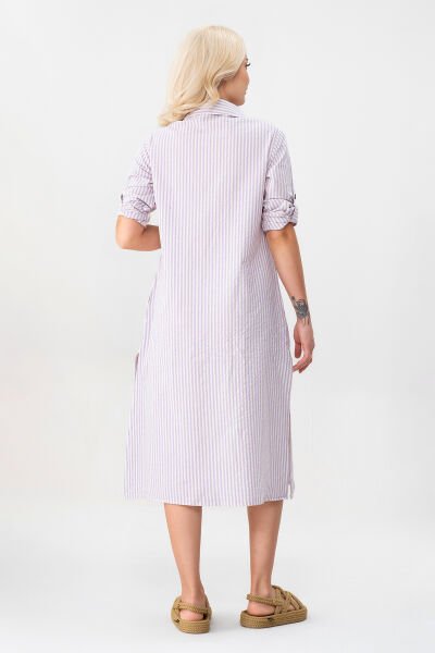 BOLD & YOUNG Kadın Cepli Çizgili Pamuklu Düğmeli Yırtmaçlı Gömlek Elbise 3XL - lila ekru çizgili