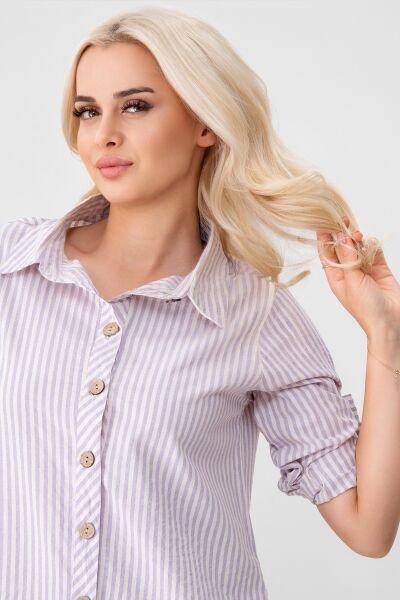 BOLD & YOUNG Kadın Cepli Çizgili Pamuklu Düğmeli Yırtmaçlı Gömlek Elbise 3XL - lila ekru çizgili