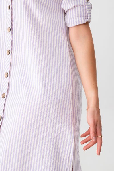 BOLD & YOUNG Kadın Cepli Çizgili Pamuklu Düğmeli Yırtmaçlı Gömlek Elbise 3XL - lila ekru çizgili