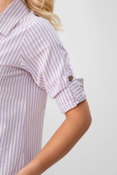 BOLD & YOUNG Kadın Cepli Çizgili Pamuklu Düğmeli Yırtmaçlı Gömlek Elbise 3XL - lila ekru çizgili