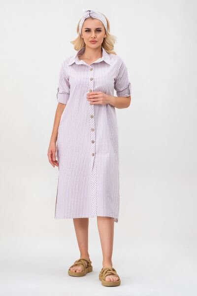 BOLD & YOUNG Kadın Cepli Çizgili Pamuklu Düğmeli Yırtmaçlı Gömlek Elbise 3XL - lila ekru çizgili