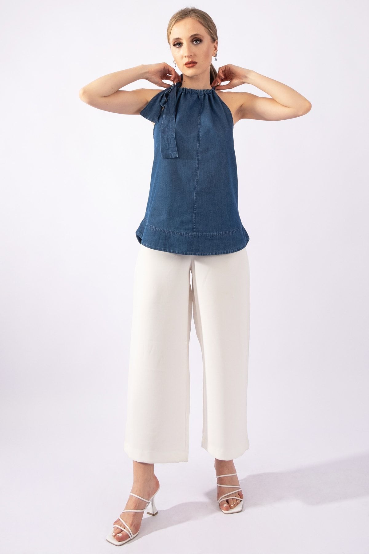 Kadın Mavi Renk Boyundan Bağlamalı Örme Kumaş Penye Tunik indigo mavi - M