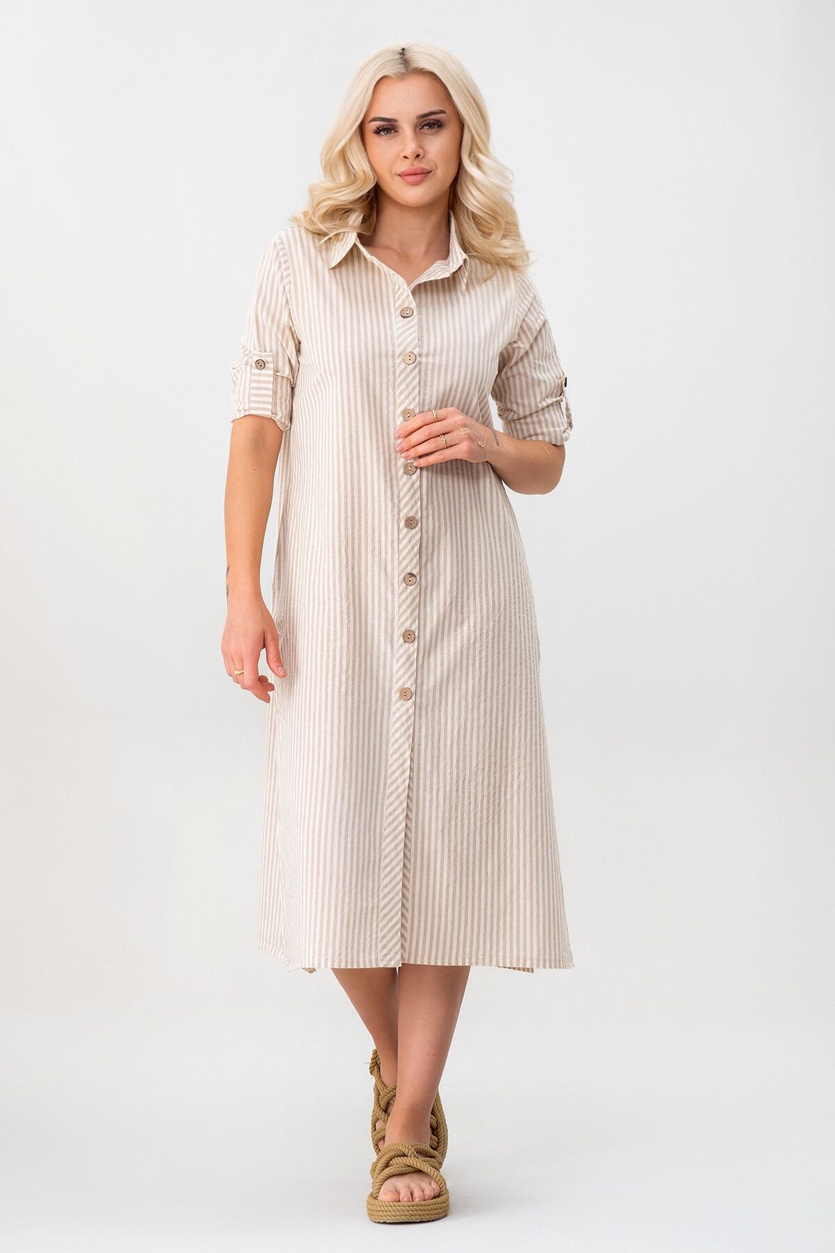 BOLD & YOUNG Kadın Cepli Çizgili Pamuklu Düğmeli Yırtmaçlı Gömlek Elbise CAMEK EKRU ÇİZGİLİ - XXL