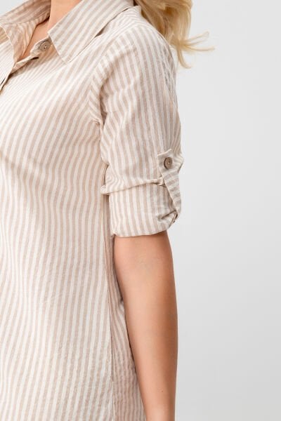 BOLD & YOUNG Kadın Cepli Çizgili Pamuklu Düğmeli Yırtmaçlı Gömlek Elbise CAMEK EKRU ÇİZGİLİ - XXL