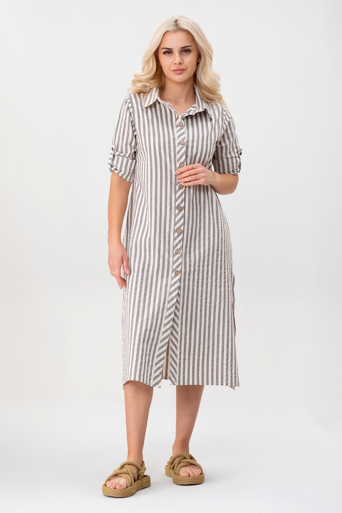 BOLD & YOUNG Kadın Cepli Çizgili Pamuklu Düğmeli Yırtmaçlı Gömlek Elbise XXL