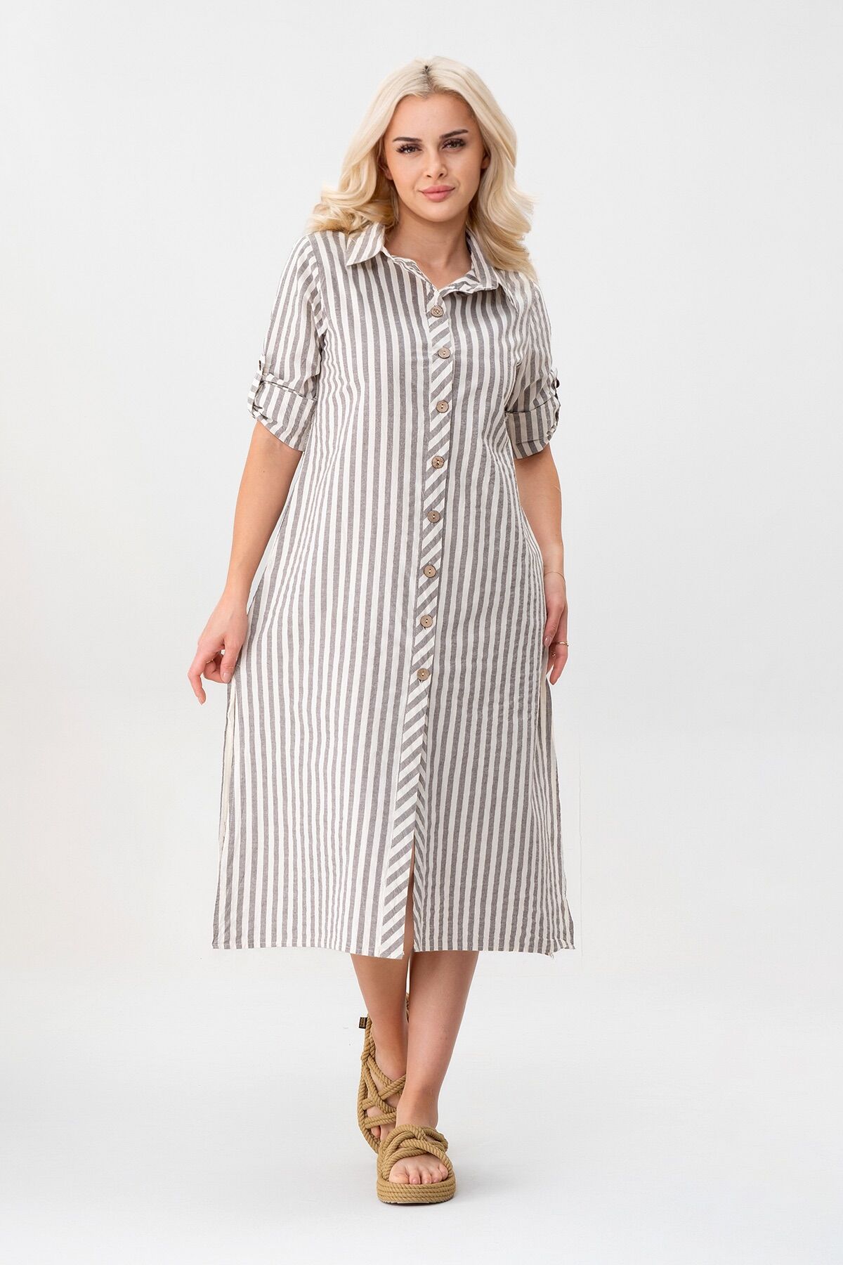 BOLD & YOUNG Kadın Cepli Çizgili Pamuklu Düğmeli Yırtmaçlı Gömlek Elbise XXL