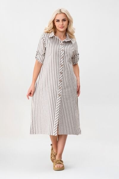 BOLD & YOUNG Kadın Cepli Çizgili Pamuklu Düğmeli Yırtmaçlı Gömlek Elbise XXL