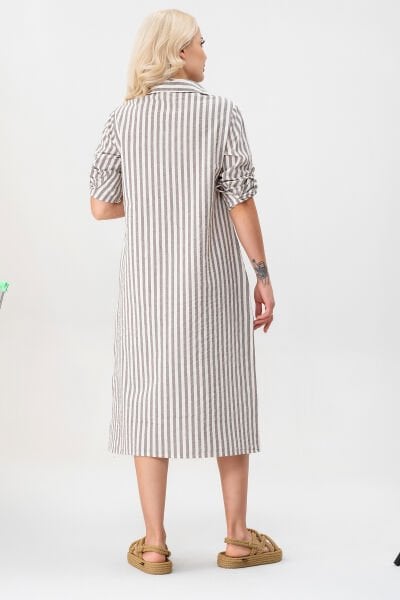 BOLD & YOUNG Kadın Cepli Çizgili Pamuklu Düğmeli Yırtmaçlı Gömlek Elbise XXL