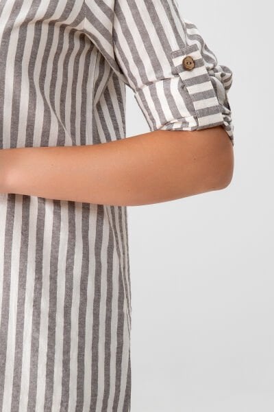 BOLD & YOUNG Kadın Cepli Çizgili Pamuklu Düğmeli Yırtmaçlı Gömlek Elbise XXL