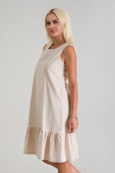 Cepli Kolsuz Pamuklu Dokuma Elbise bej ekru çizgili - 3XL