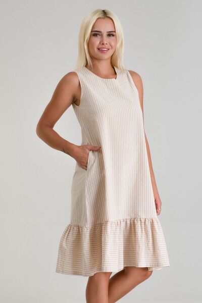Cepli Kolsuz Pamuklu Dokuma Elbise bej ekru çizgili - 3XL