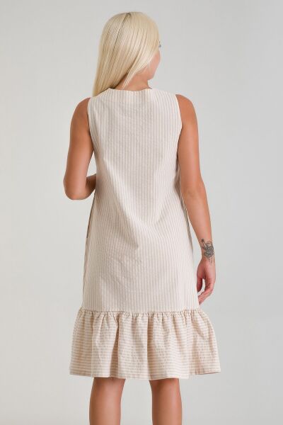 Cepli Kolsuz Pamuklu Dokuma Elbise bej ekru çizgili - 3XL