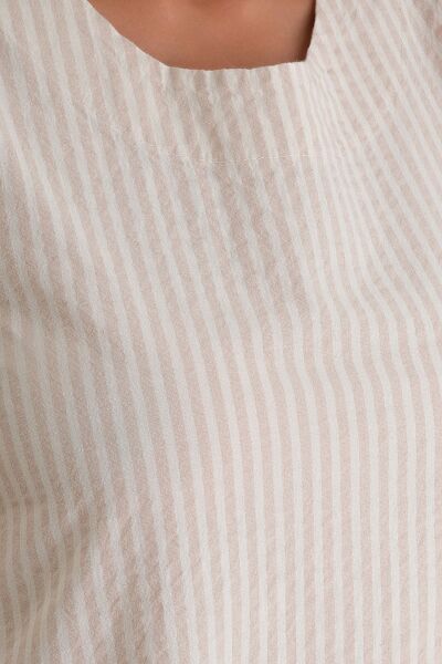 Cepli Kolsuz Pamuklu Dokuma Elbise bej ekru çizgili - 3XL