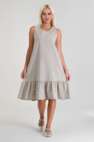 Cepli Kolsuz Pamuklu Dokuma Elbise siyah beyaz çizgili - 3XL