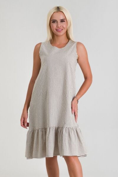 Cepli Kolsuz Pamuklu Dokuma Elbise siyah beyaz çizgili - 3XL