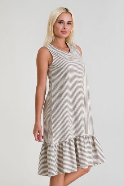 Cepli Kolsuz Pamuklu Dokuma Elbise siyah beyaz çizgili - 3XL