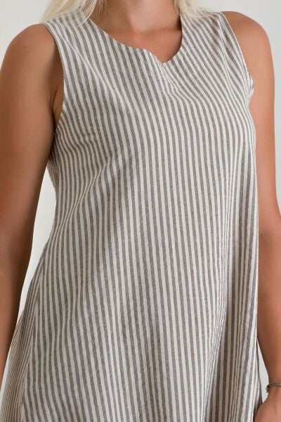 Cepli Kolsuz Pamuklu Dokuma Elbise siyah beyaz çizgili - 3XL