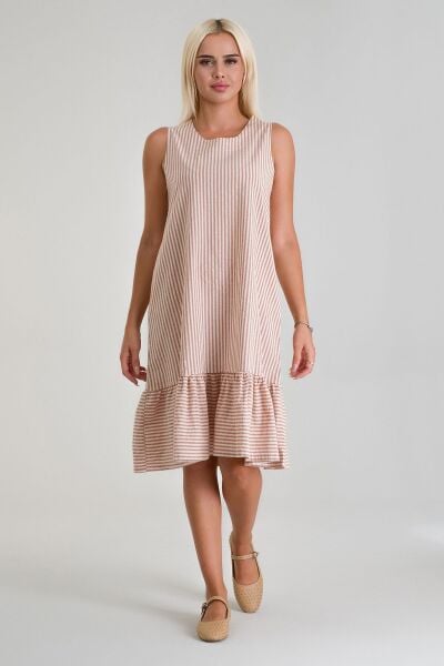 Cepli Kolsuz Pamuklu Dokuma Elbise TURUNCU EKRU ÇİZGİLİ - M