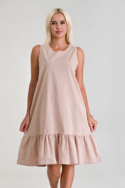 Cepli Kolsuz Pamuklu Dokuma Elbise TURUNCU EKRU ÇİZGİLİ - M