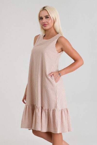 Cepli Kolsuz Pamuklu Dokuma Elbise TURUNCU EKRU ÇİZGİLİ - M