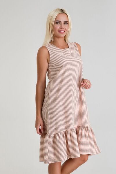 Cepli Kolsuz Pamuklu Dokuma Elbise TURUNCU EKRU ÇİZGİLİ - M