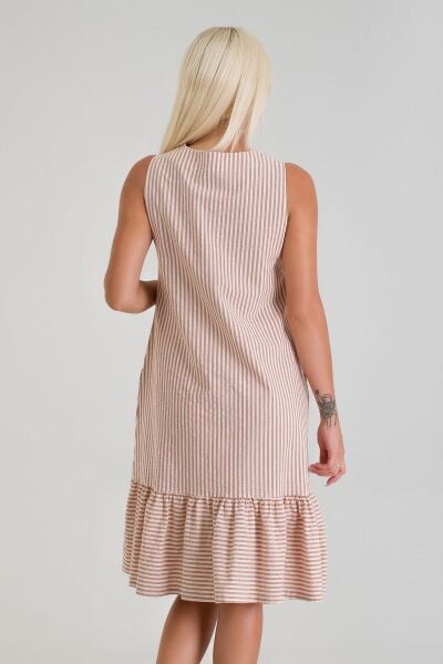 Cepli Kolsuz Pamuklu Dokuma Elbise TURUNCU EKRU ÇİZGİLİ - M