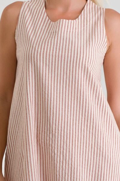 Cepli Kolsuz Pamuklu Dokuma Elbise TURUNCU EKRU ÇİZGİLİ - M