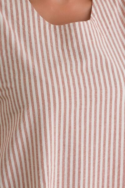 Cepli Kolsuz Pamuklu Dokuma Elbise TURUNCU EKRU ÇİZGİLİ - M