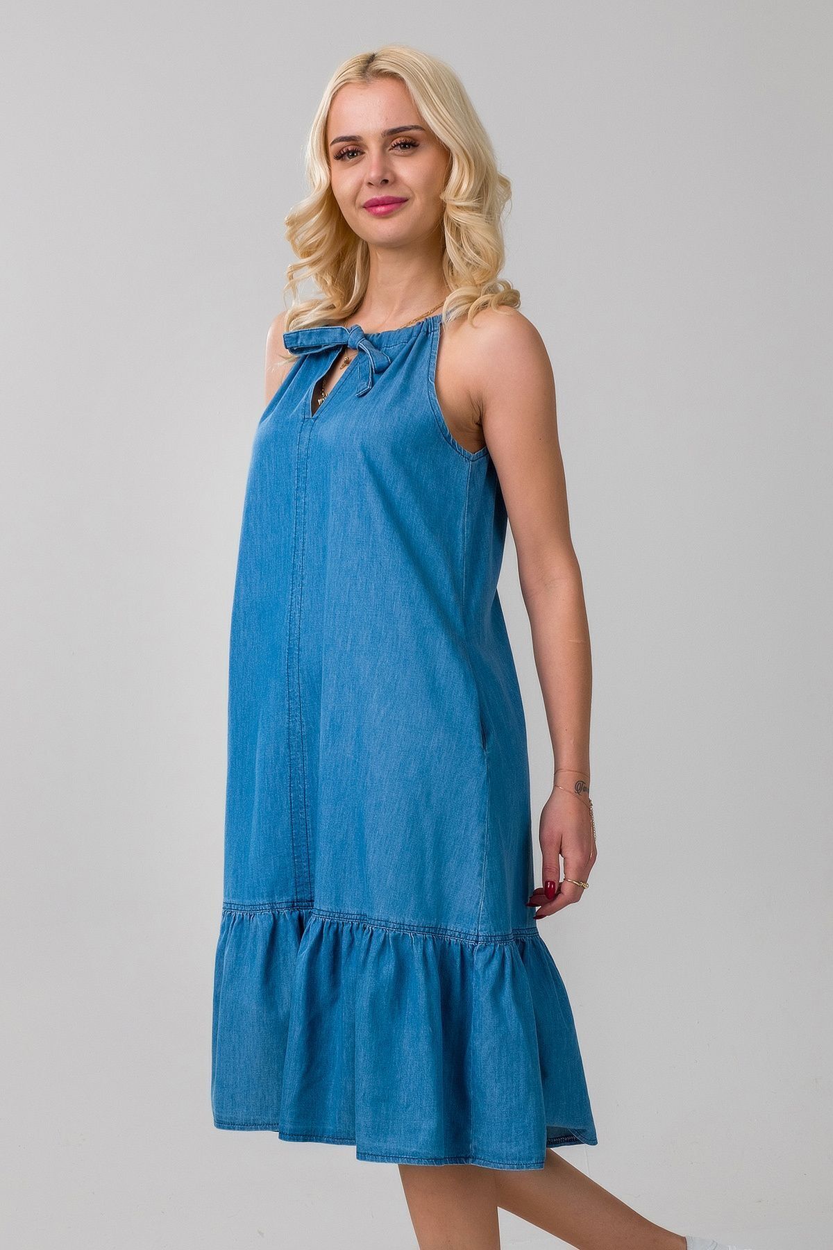 Kadın Boyundan Bağlamalı İndigo Renk Etek Ucu Büzgülü Cepli Kolsuz Kot Dokuma Elbise L - indigo açık mavi