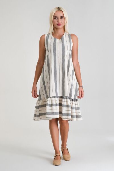 Cepli Kolsuz Pamuklu Dokuma Elbise siyah beyaz kalın çizgili - L