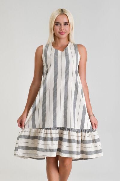 Cepli Kolsuz Pamuklu Dokuma Elbise siyah beyaz kalın çizgili - L