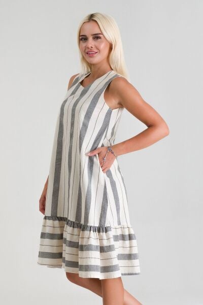 Cepli Kolsuz Pamuklu Dokuma Elbise siyah beyaz kalın çizgili - L