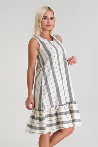 Cepli Kolsuz Pamuklu Dokuma Elbise siyah beyaz kalın çizgili - L