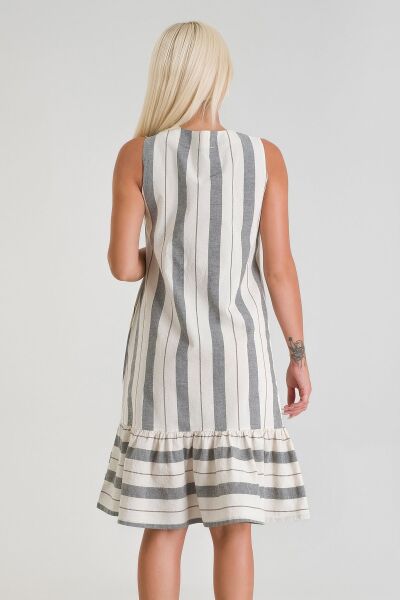 Cepli Kolsuz Pamuklu Dokuma Elbise siyah beyaz kalın çizgili - L
