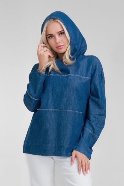 Kadın Kapişonlu Pis Dikişli Kangru Cepli Lyocell Pamuk Karışımlı Kot  Tunik indigo - 2XL