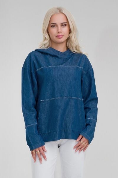 Kadın Kapişonlu Pis Dikişli Kangru Cepli Lyocell Pamuk Karışımlı Kot  Tunik indigo - 2XL