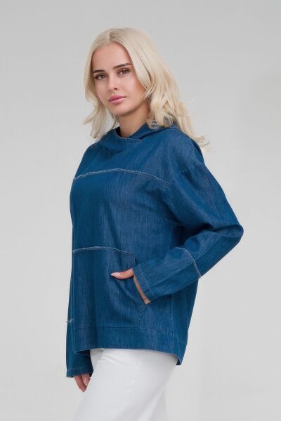 Kadın Kapişonlu Pis Dikişli Kangru Cepli Lyocell Pamuk Karışımlı Kot  Tunik indigo - 2XL