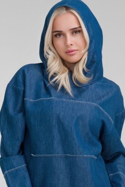 Kadın Kapişonlu Pis Dikişli Kangru Cepli Lyocell Pamuk Karışımlı Kot  Tunik indigo - 2XL