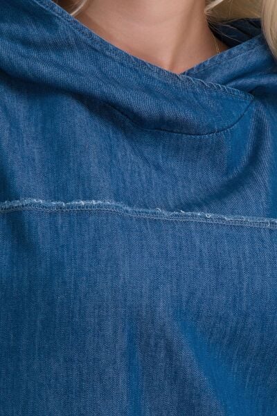 Kadın Kapişonlu Pis Dikişli Kangru Cepli Lyocell Pamuk Karışımlı Kot  Tunik indigo - 2XL