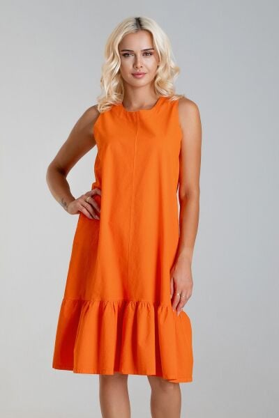 Cepli Kolsuz Pamuklu Dokuma Elbise Turuncu - S