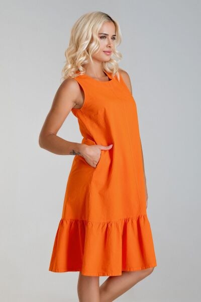 Cepli Kolsuz Pamuklu Dokuma Elbise Turuncu - S