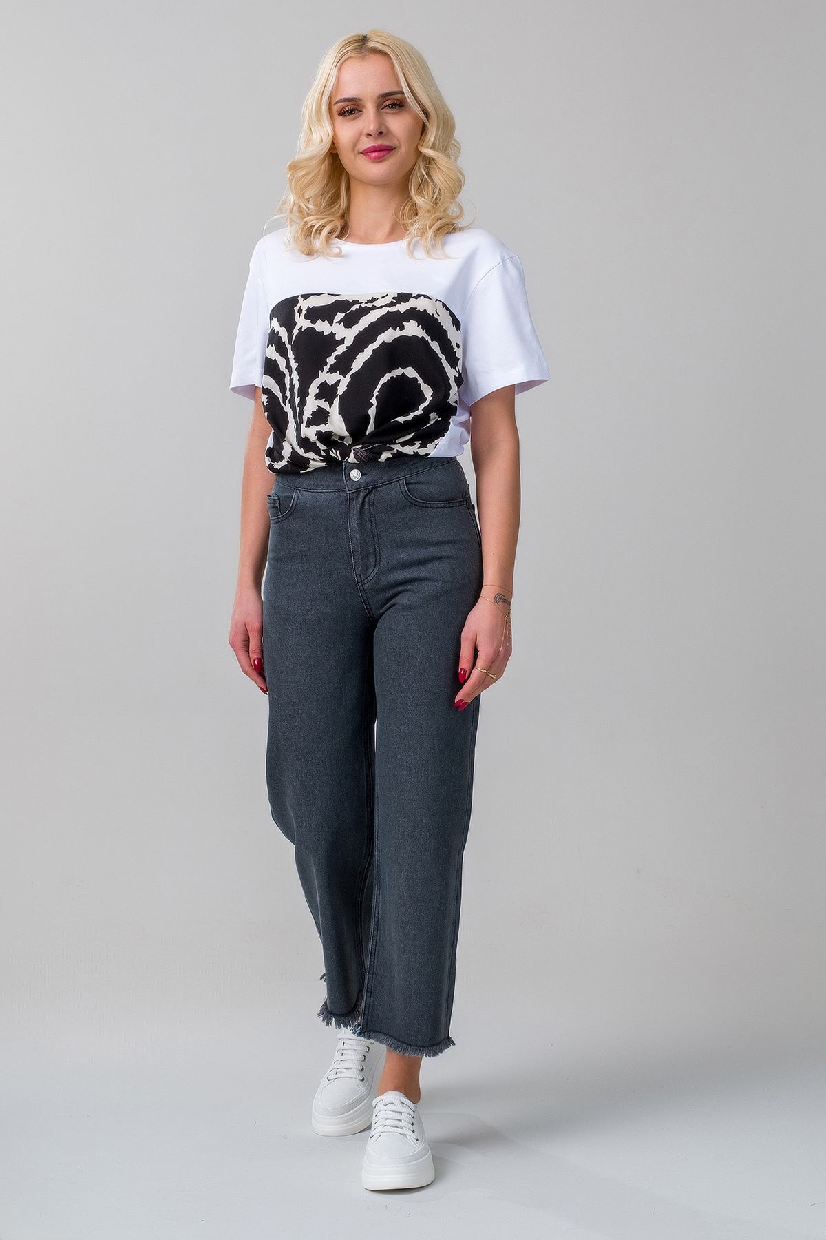 Kadın Bol Paça Beş Cepli Paça Saçaklı Likralı Pamuklu Pantolon S - ANTRASİT