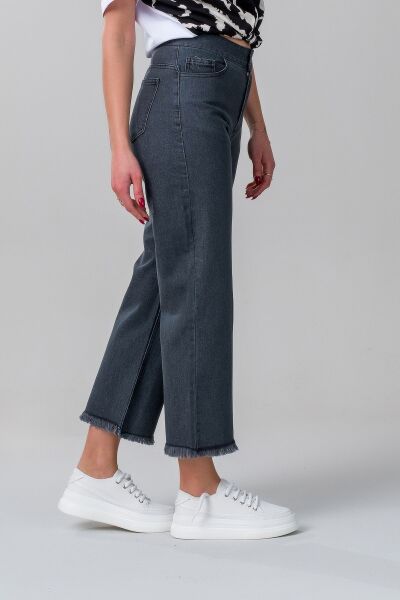 Kadın Bol Paça Beş Cepli Paça Saçaklı Likralı Pamuklu Pantolon S - ANTRASİT