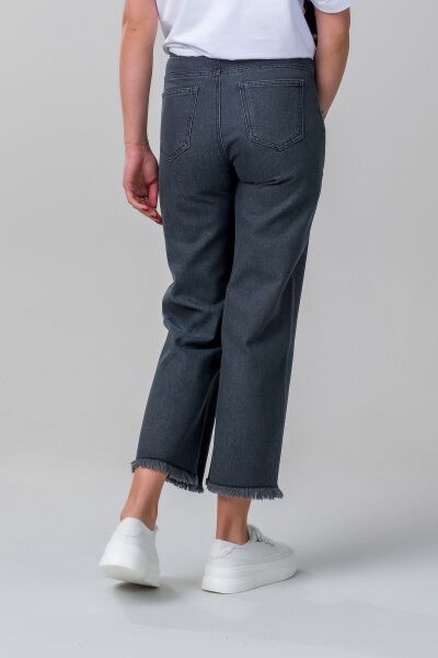 Kadın Bol Paça Beş Cepli Paça Saçaklı Likralı Pamuklu Pantolon S - ANTRASİT