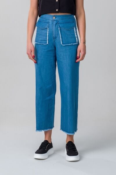 Kadın indigo Renk Kapaklı Cepli Pis Dikişli Bol Paça Beli Lastikli İnce Kot Pantolon M - indigo açık mavi