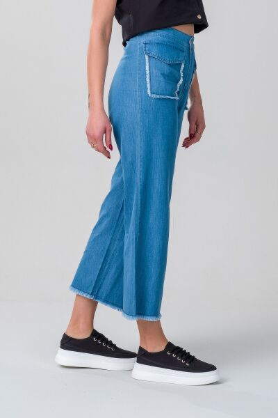 Kadın indigo Renk Kapaklı Cepli Pis Dikişli Bol Paça Beli Lastikli İnce Kot Pantolon M - indigo açık mavi