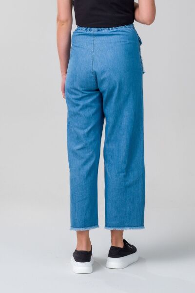 Kadın indigo Renk Kapaklı Cepli Pis Dikişli Bol Paça Beli Lastikli İnce Kot Pantolon M - indigo açık mavi