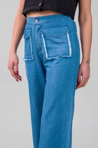 Kadın indigo Renk Kapaklı Cepli Pis Dikişli Bol Paça Beli Lastikli İnce Kot Pantolon M - indigo açık mavi