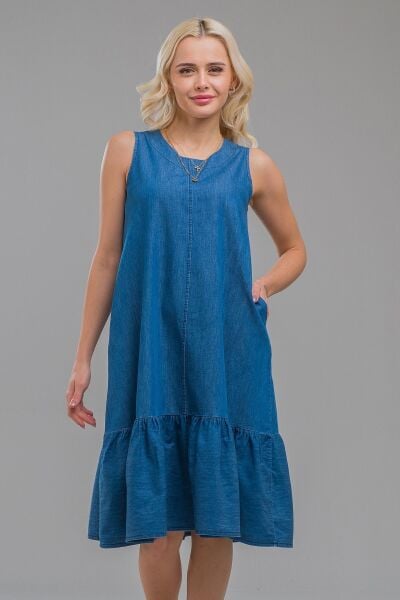 Cepli Kolsuz Pamuklu Dokuma Elbise indigo koyu mavi - S