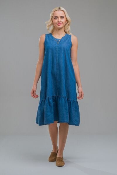 Cepli Kolsuz Pamuklu Dokuma Elbise indigo koyu mavi - S